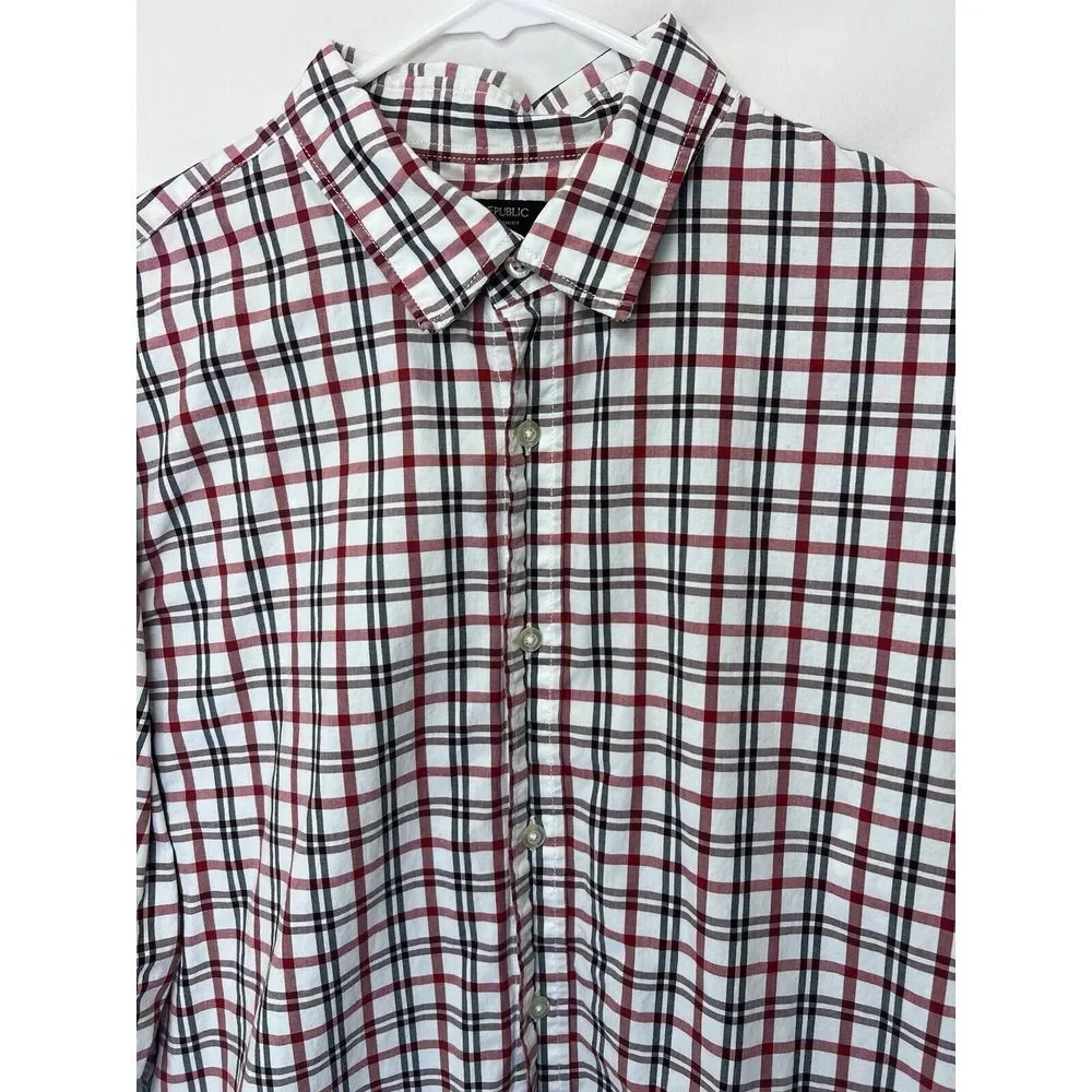 Banana Republic Button Shirt Mens Large Grant Fit‎ Red Black Plaid Long Sleeve